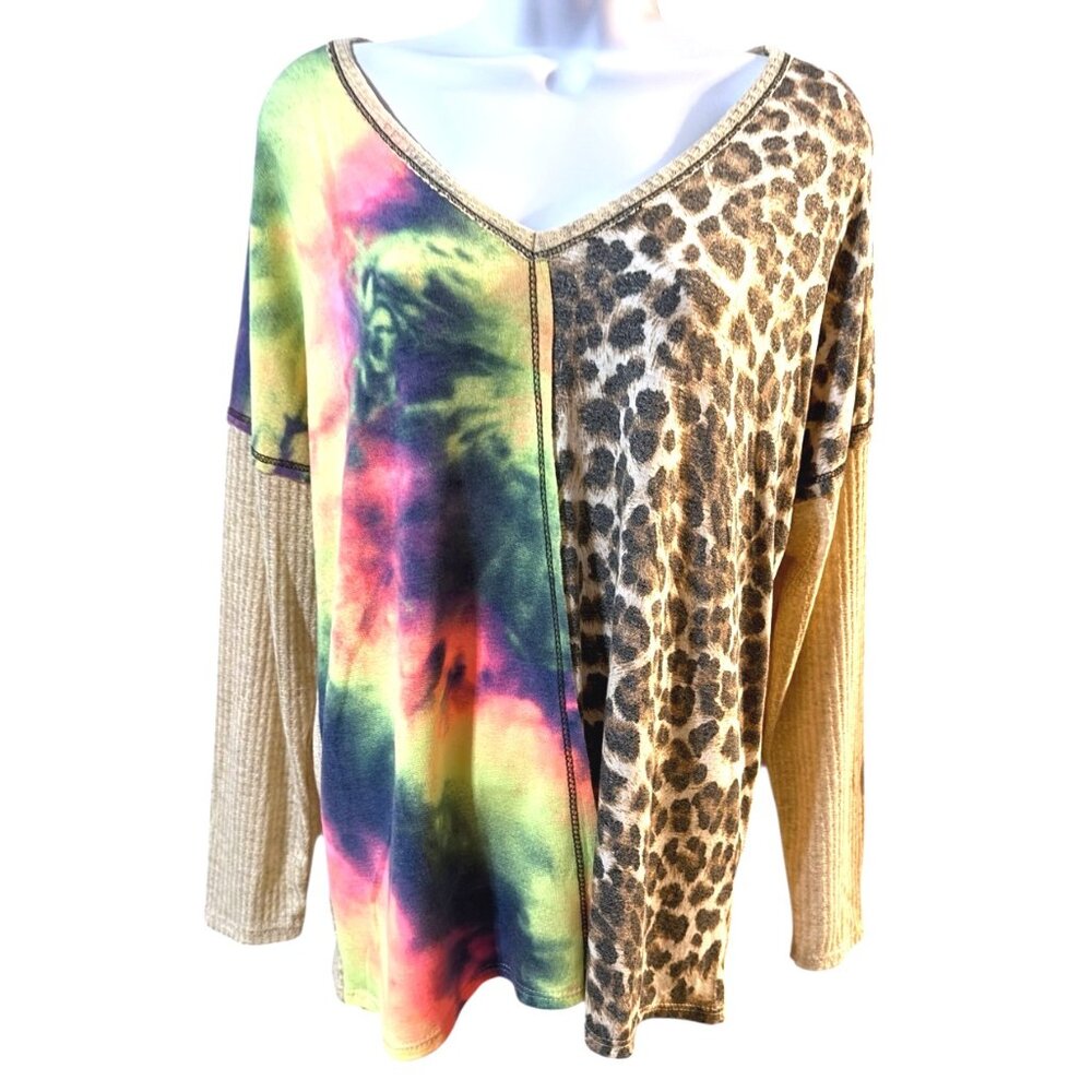 BiBi Womens Tie Dye Leopard Print Waffle Knit Long Sleeve V Neck Top Large‎